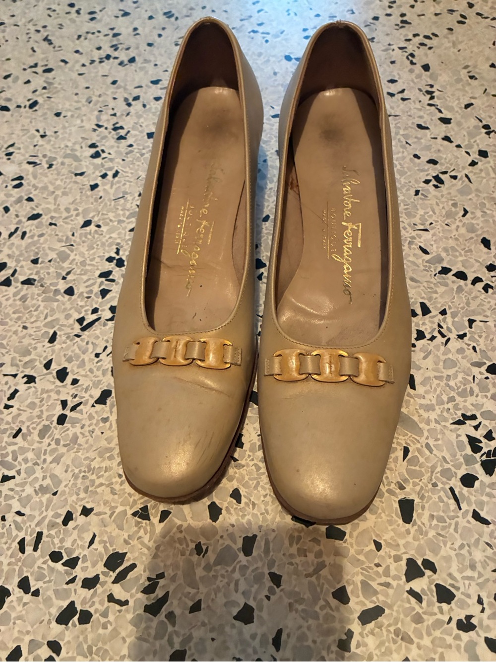 Salvatore Ferragamo Beige Leather Chain-Accent Flats